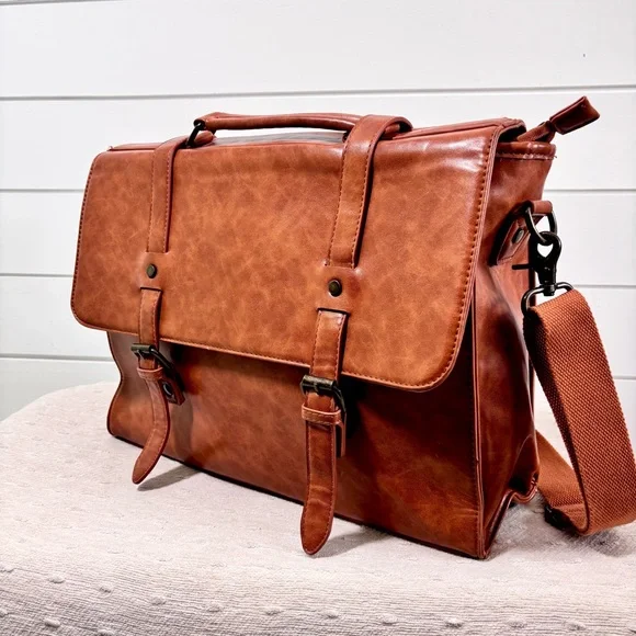 Leather Messenger Bag Vintage 15.6 Inch Laptop Briefcase Satchel Shoulder Bag - Picture 2 of 16